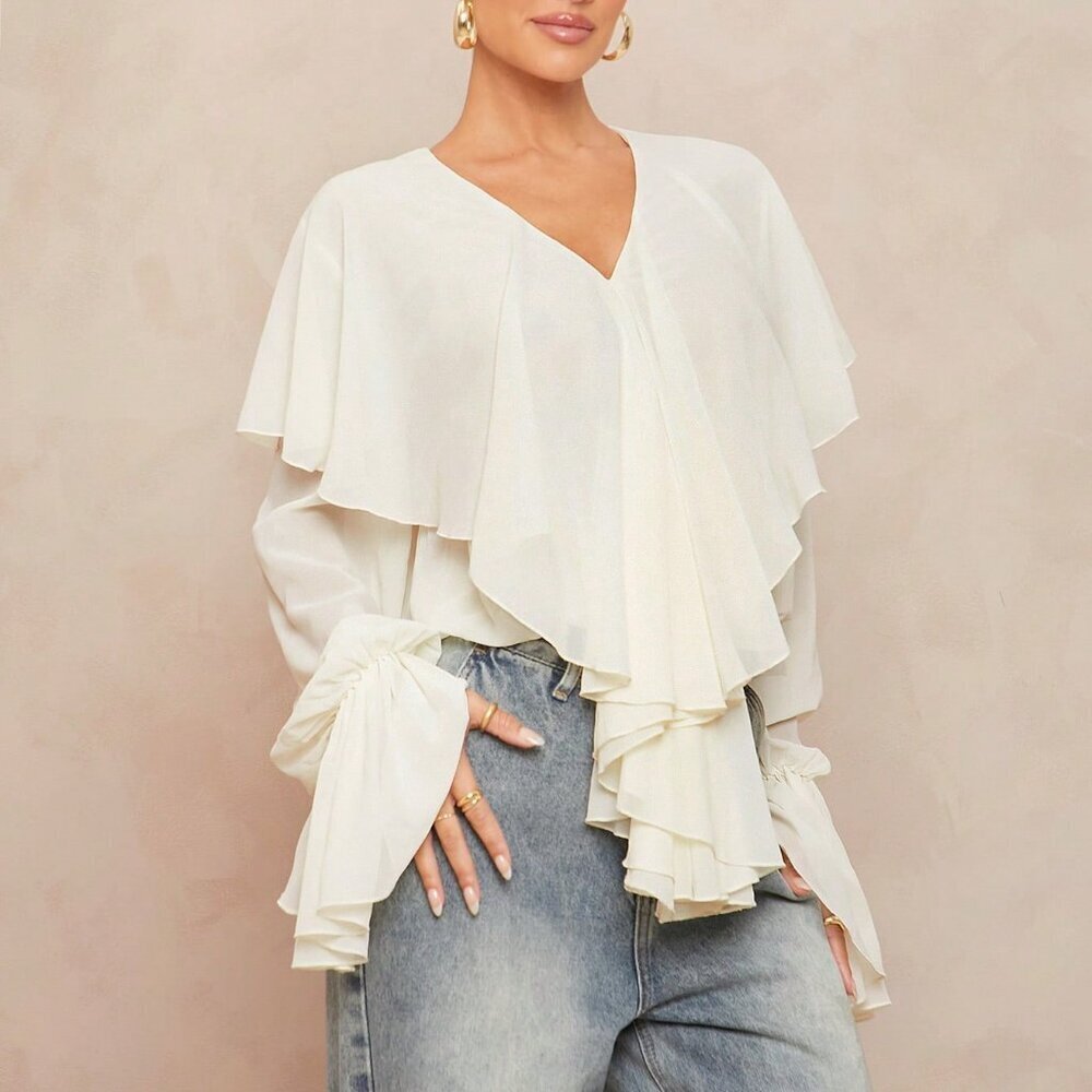 cream toned Casual Women's Boho Ruffled V-Neck Blouse top